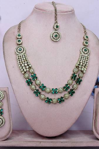 Green yellow gold premium designer american diamond and stone work necklace set