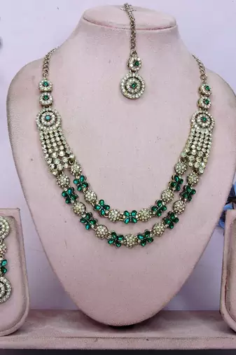 Green yellow gold premium designer american diamond and stone work necklace set