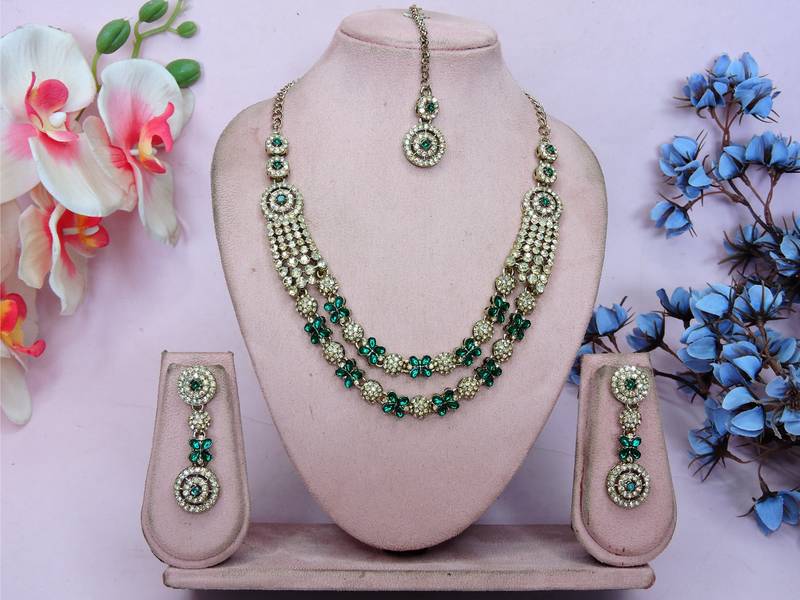 Green yellow gold premium designer american diamond and stone work necklace set