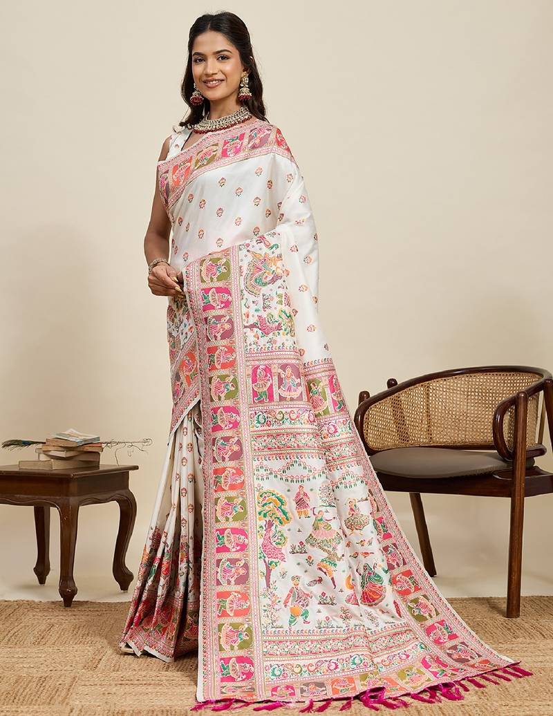 white minakari and zari work color ful border silk blend saree with blouse