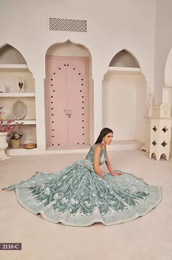 Blue Net Embroidered & Zari Work Semi Stitched Lehenga Choli