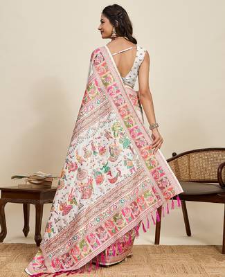 white minakari and zari work color ful border silk blend saree with blouse 4