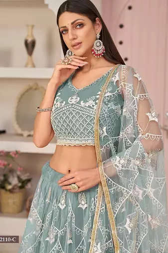 Blue Net Embroidered & Zari Work Semi Stitched Lehenga Choli