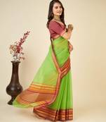 Parrot green kota doriya cotton silk saree with blouse