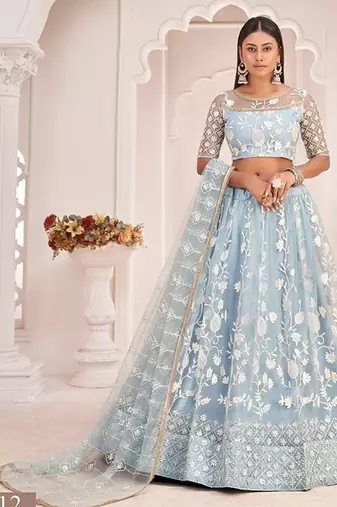Sky Blue Net Embroidered & Zari Work Semi Stitched Lehenga Choli