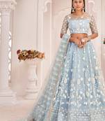 Sky Blue Net Embroidered & Zari Work Semi Stitched Lehenga Choli