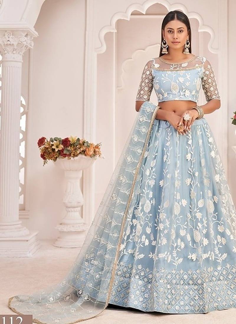 Sky Blue Net Embroidered & Zari Work Semi Stitched Lehenga Choli