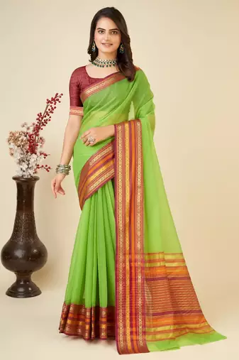 Parrot green kota doriya cotton silk saree with blouse
