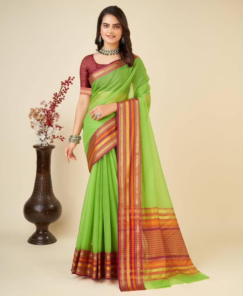 Parrot green kota doriya cotton silk saree with blouse
