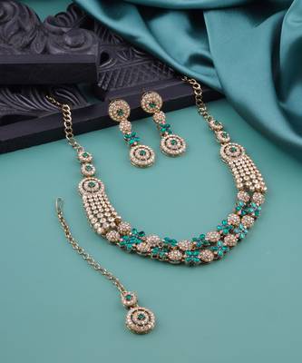 Green yellow gold premium designer american diamond and stone work necklace set 2