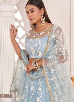 Sky Blue Net Embroidered & Zari Work Semi Stitched Lehenga Choli 2