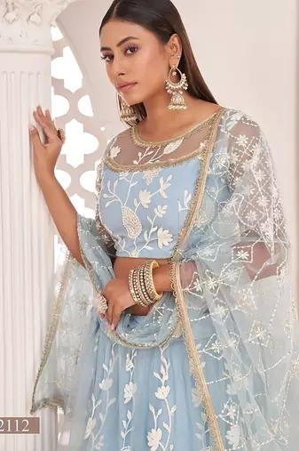 Sky Blue Net Embroidered & Zari Work Semi Stitched Lehenga Choli