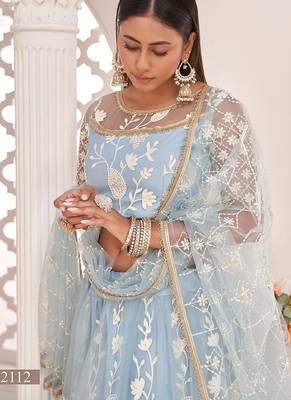 Sky Blue Net Embroidered & Zari Work Semi Stitched Lehenga Choli 3