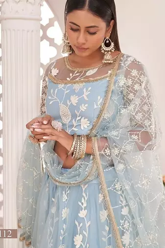 Sky Blue Net Embroidered & Zari Work Semi Stitched Lehenga Choli