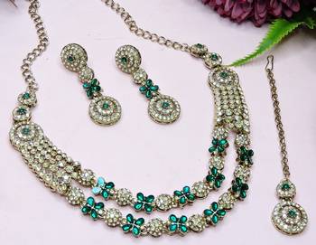 Green yellow gold premium designer american diamond and stone work necklace set 3