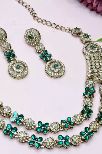 Green yellow gold premium designer american diamond and stone work necklace set
