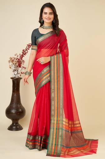 Red kota doriya cotton silk saree with blouse