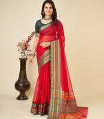 Red kota doriya cotton silk saree with blouse