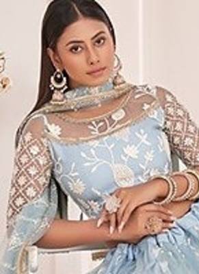 Sky Blue Net Embroidered & Zari Work Semi Stitched Lehenga Choli 4