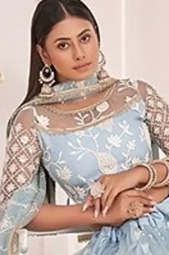 Sky Blue Net Embroidered & Zari Work Semi Stitched Lehenga Choli