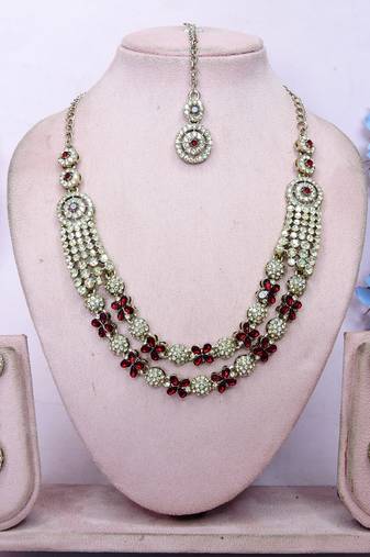 Maroon yellow gold premium designer american diamond and stone work necklace set