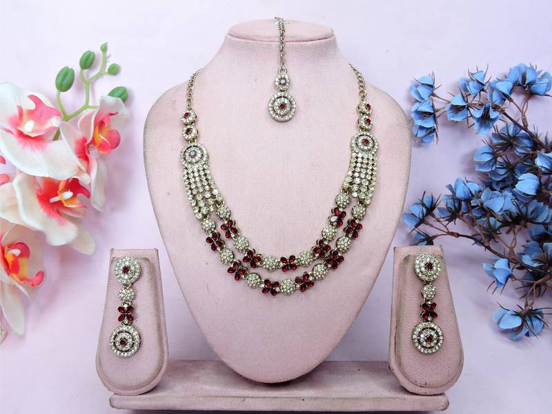 Maroon yellow gold premium designer american diamond and stone work necklace set