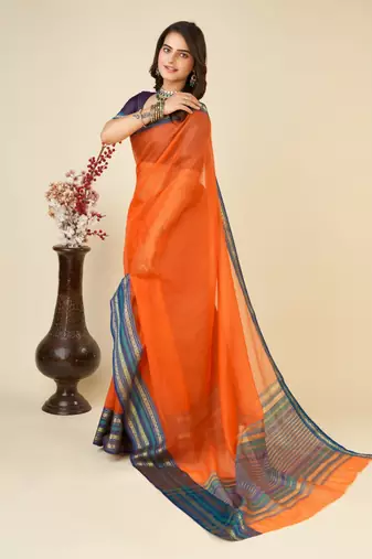 Orange kota doriya cotton silk saree with blouse