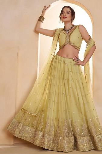 Yeelow Net Embroidered & Zari Work Semi Stitched Lehenga Choli