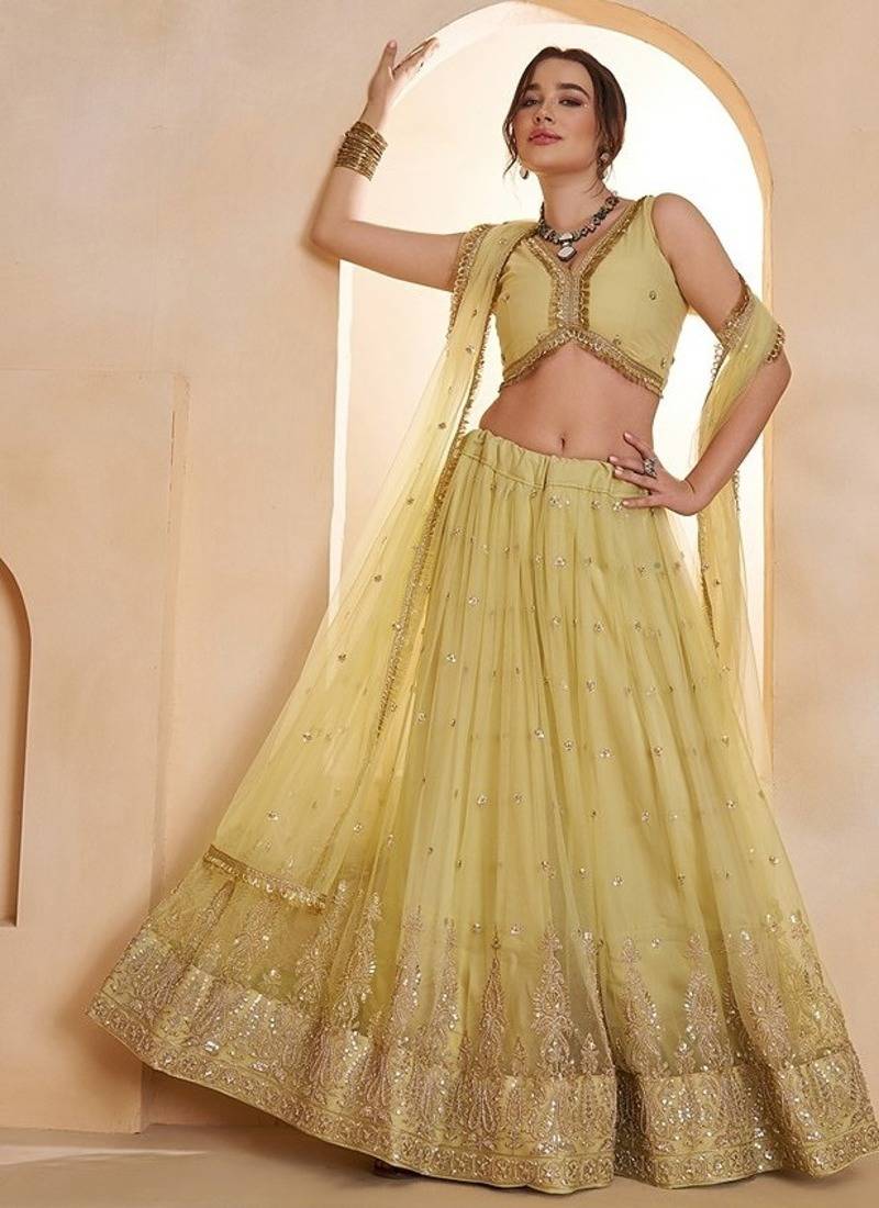 Yeelow Net Embroidered & Zari Work Semi Stitched Lehenga Choli