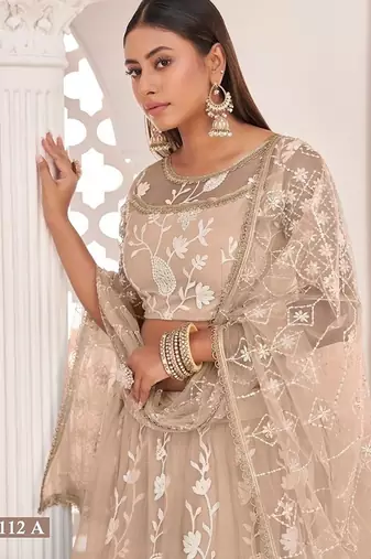 Chiku Net Embroidered & Zari Work Semi Stitched Lehenga Choli