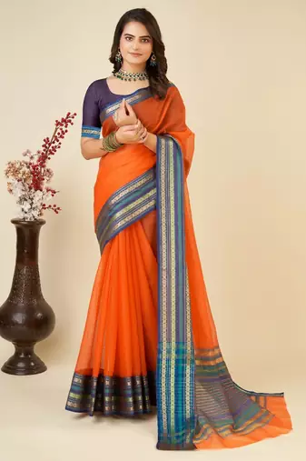 Orange kota doriya cotton silk saree with blouse