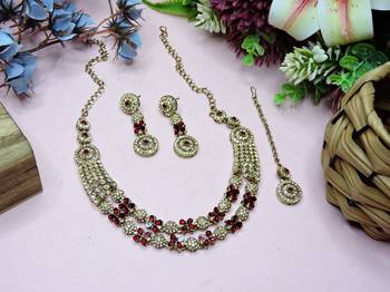 Maroon yellow gold premium designer american diamond and stone work necklace set 2