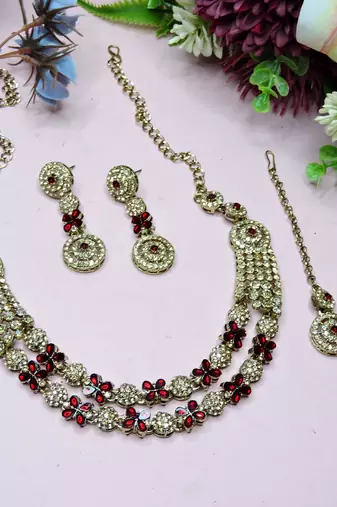 Maroon yellow gold premium designer american diamond and stone work necklace set