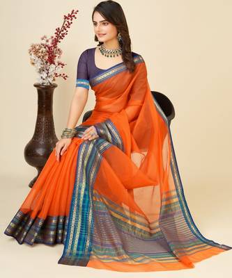 Orange kota doriya cotton silk saree with blouse 3