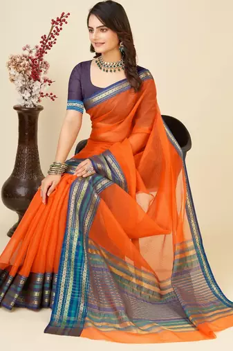 Orange kota doriya cotton silk saree with blouse