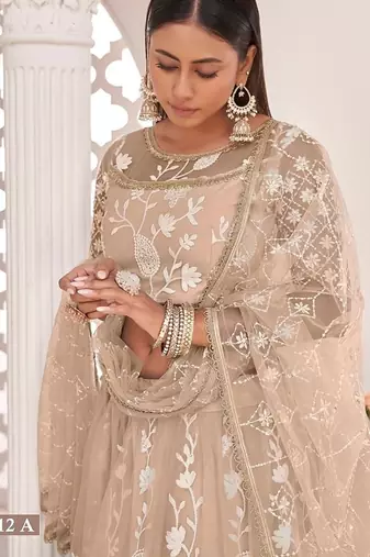 Chiku Net Embroidered & Zari Work Semi Stitched Lehenga Choli