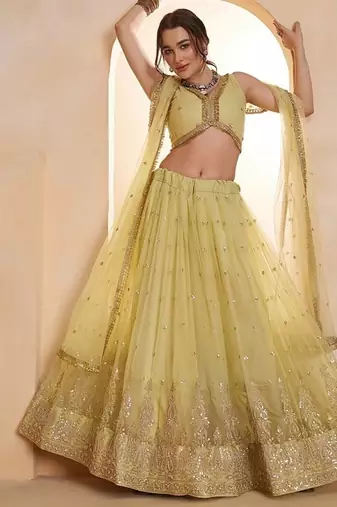 Yeelow Net Embroidered & Zari Work Semi Stitched Lehenga Choli