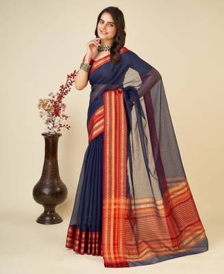 Navy blue kota doriya cotton silk saree with blouse 1