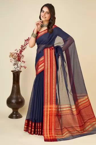 Navy blue kota doriya cotton silk saree with blouse