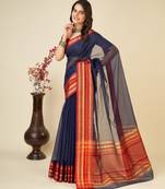 Navy blue kota doriya cotton silk saree with blouse