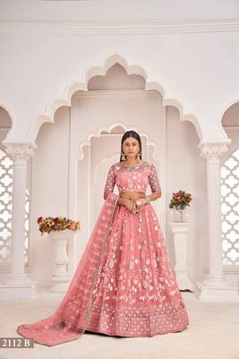 Orange Net Embroidered & Zari Work Semi Stitched Lehenga Choli 1