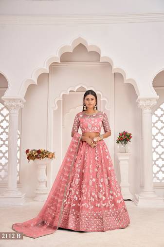 Orange Net Embroidered & Zari Work Semi Stitched Lehenga Choli