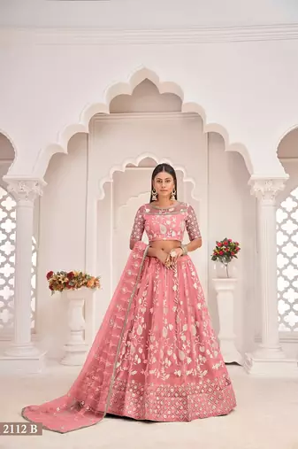 Orange Net Embroidered & Zari Work Semi Stitched Lehenga Choli