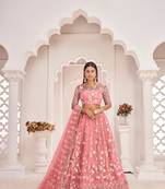 Orange Net Embroidered & Zari Work Semi Stitched Lehenga Choli