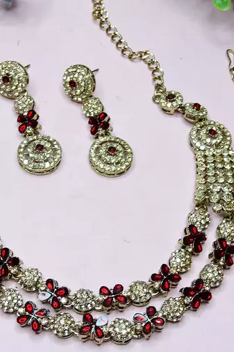 Maroon yellow gold premium designer american diamond and stone work necklace set