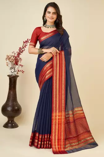 Navy blue kota doriya cotton silk saree with blouse