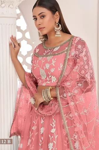 Orange Net Embroidered & Zari Work Semi Stitched Lehenga Choli