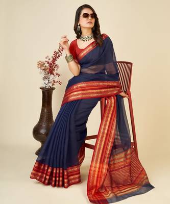 Navy blue kota doriya cotton silk saree with blouse 3