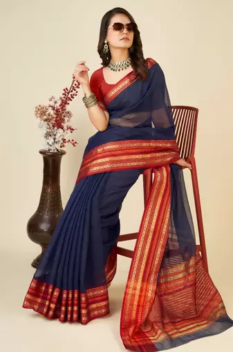 Navy blue kota doriya cotton silk saree with blouse