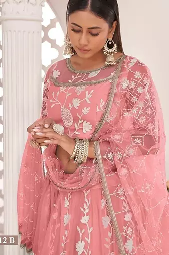 Orange Net Embroidered & Zari Work Semi Stitched Lehenga Choli